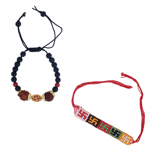 Pure Rudraksh Black & Red Bead Om Bracelet cum Rakhi Men women