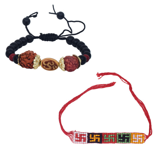 Pure Rudraksh Black & Red Bead Om Bracelet cum Rakhi Men women