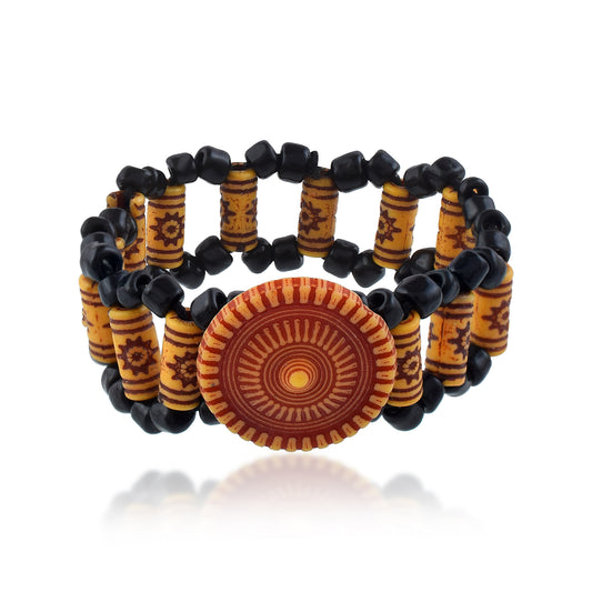 Handcrafted Wooden Bead Bracelet - Earthy Terracotta Medallion & Sun-Motif Africa inspired tribal jewellery Boho Ethnic Style( BLRM6719)