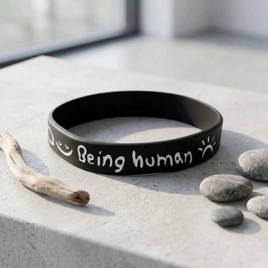 Black Silicone Stretch Bracelet with White Text – Bollywood Inspired Funky Macho Wristband (BLRM6726)