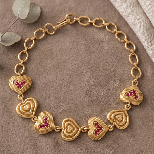 Premium Brass 1Gram Micron Gold plated handmade Heartshape link Natural Ruby Studded Bracelet for Women
