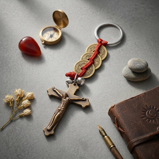 Polyresin Crucifix Cross China coin fengshui good luck keychain (CLRM6722)