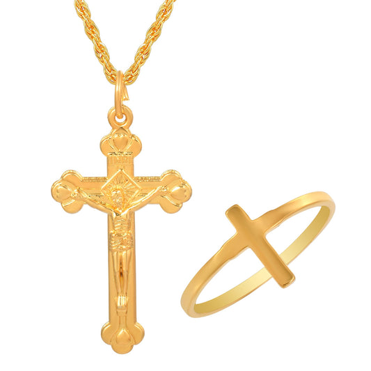 Brass Goldplated Combo of Cross Pendant and matching finger ring Christian Cross