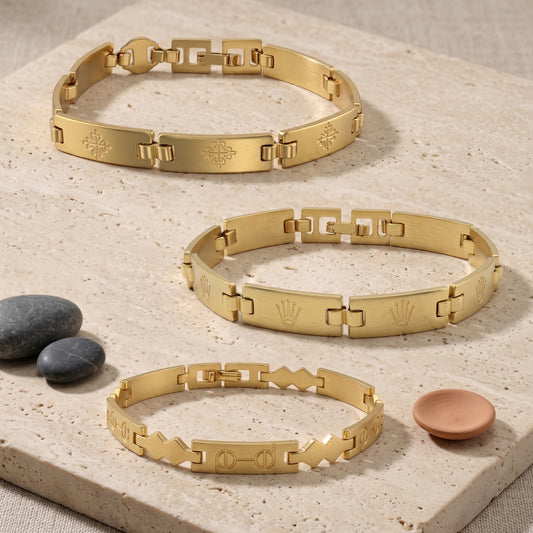 Brass 24KT Micron Gold plated Luxury-Inspired Unisex Bracelet Combo for Men & Women – Pack of 3 Premium Brass Matt-Finish Kada Style Link Bracelets | Perfect for Weddings, Engagements, Bridal All-Occasion self wear Gift Set-Packof 3-