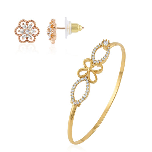 Brass 22Kt Micron 1 gram Gold moissanite imitation diamond studded Bracelet for Women with Pink rose gold plated moissanite earring studs