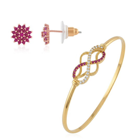 Brass 22Kt Micron 1 gram Gold moissanite imitation diamond and Natural Ruby studded Bangle Kada Bracelet and earrings set for Women