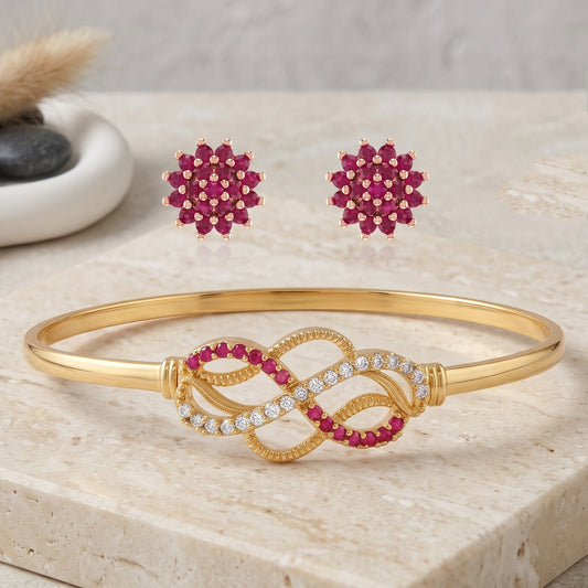Brass 22Kt Micron 1 gram Gold moissanite imitation diamond and Natural Ruby studded Bangle Kada Bracelet and earrings set for Women