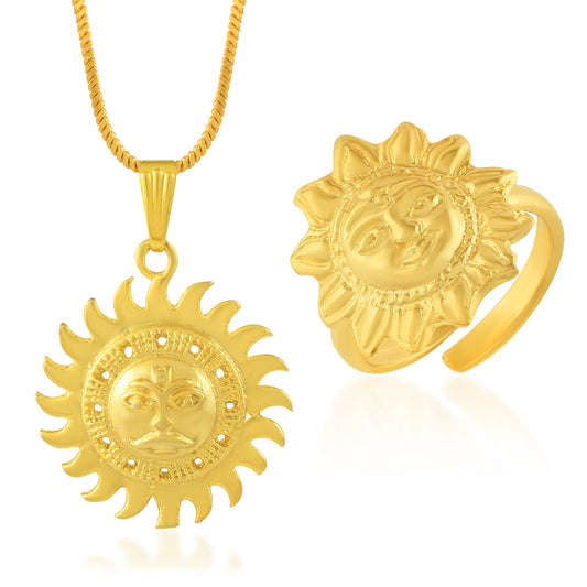 Brass Goldplated Surya Dev Sun design chain pendant and Adjustable Finger ring