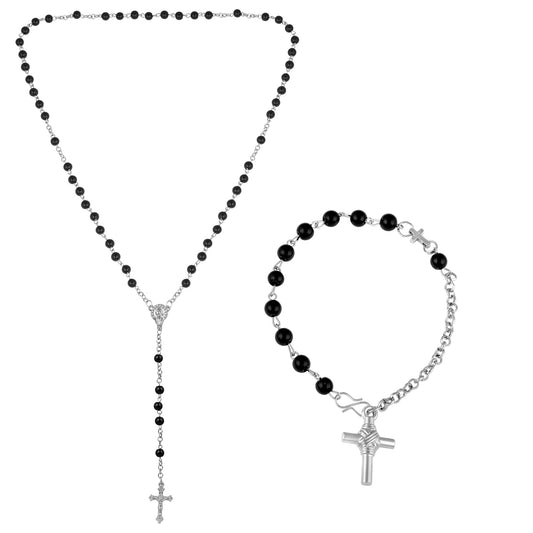 Combo jewellery 6mm black bead, Catholic Christian prayer Rosary Bead Mala necklace and bracelet