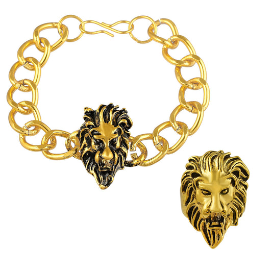 Brass Goldplated Lion Design Heavy Bracelet & Fingerring Combo