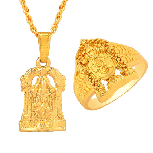 Brass Micron Goldplated Tirupati Balaji Pendant & Matching finger ring Combo