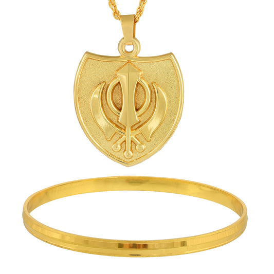 Gold plated Brass Combo of Kada and Khanda Pendant Khalsa, Sikh Sardar Panjabi