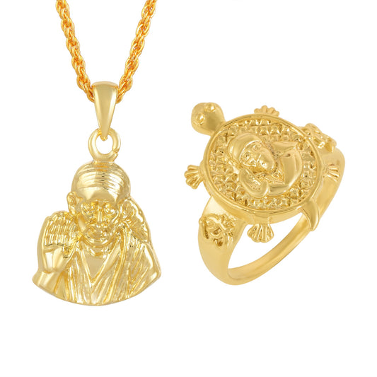 Brass Real Micron Goldplated Combo of Saibaba Pendant with fingerring