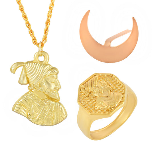 Brass Real Micron Goldplated Combo of Shivaji Pendant fingerring and Chandrakor