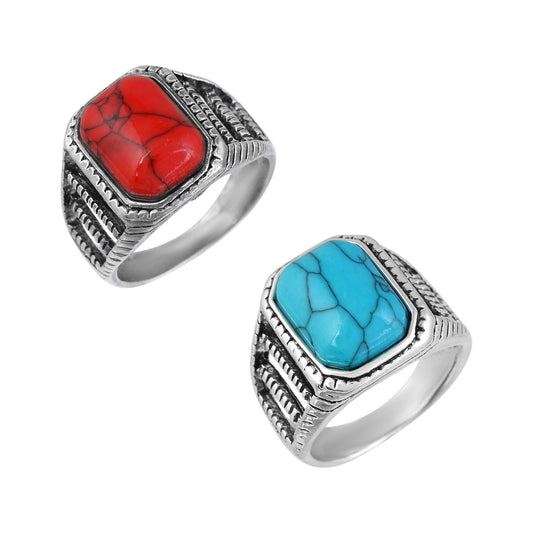 Brass Antique Finish Red Firoza and Blue Firoza Fingerring Men Combo