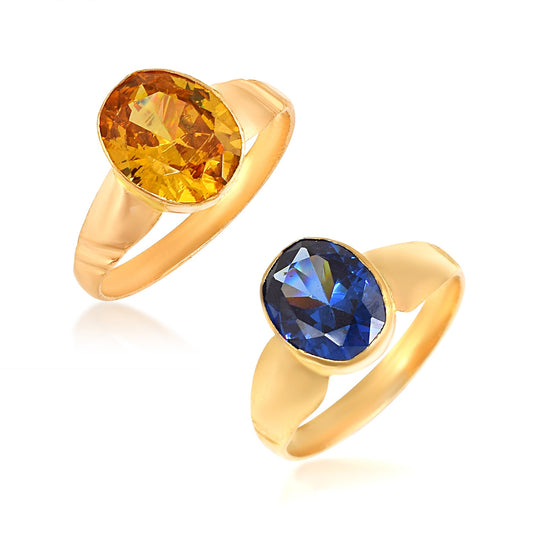 Brass and Silver plated Faux Yellow Sapphire Pukhraj & Blue Sapphire Neelam finger ring