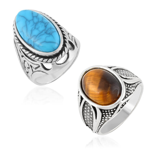 Silver plated Faux Cats Eye Lehsuniya & Faux Firoza finger ring Men