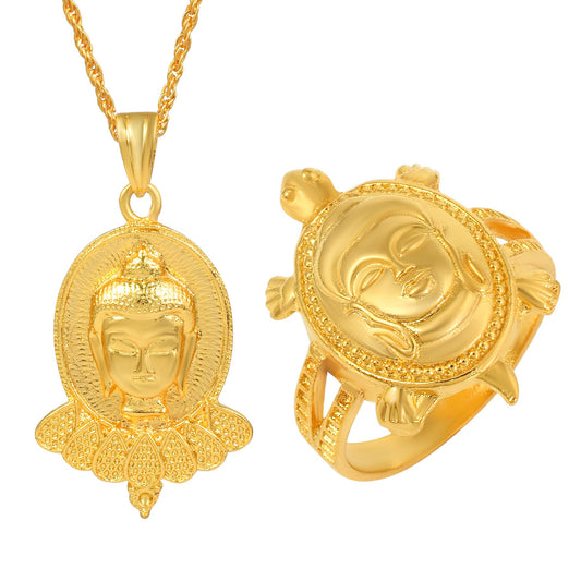 Brass Goldplated Buddha Pendant and Fingerring Combo