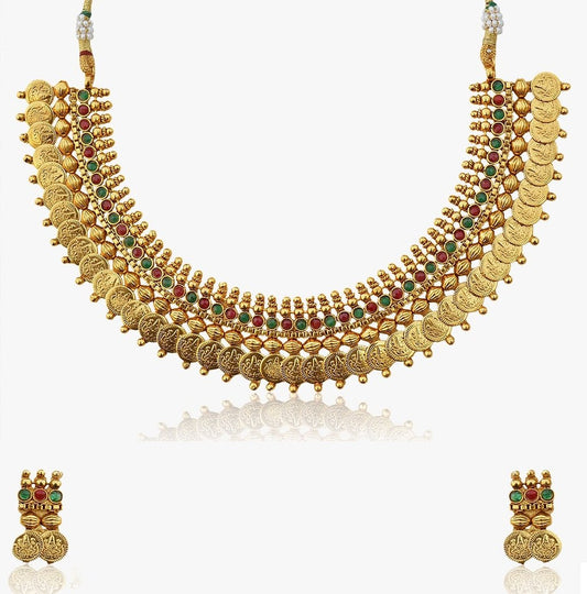 Combo of Gold plated Lakshmi Laxmi Coin Ginni Rasrawa Brass Necklace, with matching Gold plated anklets and toerings