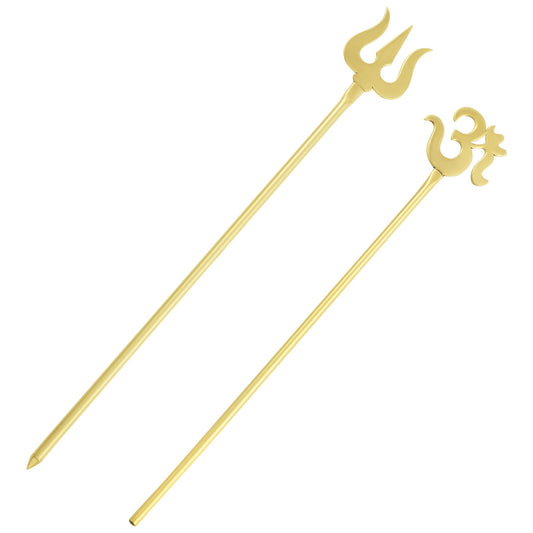 Brass Goldplated Combo of OM Puja Stick + Trishul Hindu Spiritual Puja Items