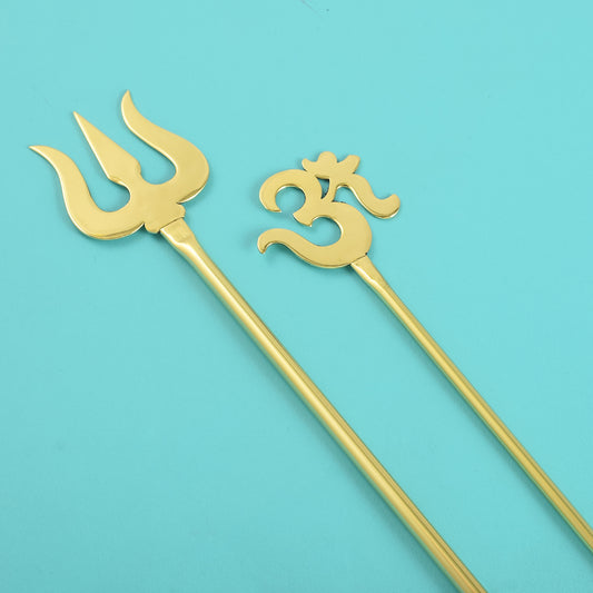 Brass Gold Trishul & Om stick combo for Puja Homedecor (CMSC5203)