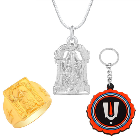 Brass Silverplated Tirupati Balaji Pendant + Goldplated Fingerrirng + PVC keychain Combo