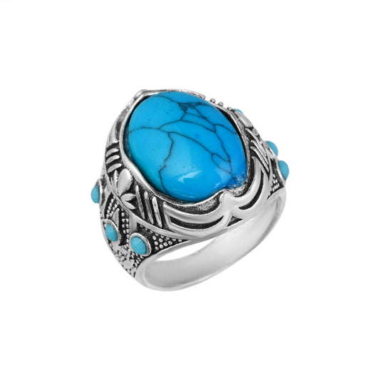 Silver Plated Antique Finish Faux Turquoise (Firoza) Finger Ring