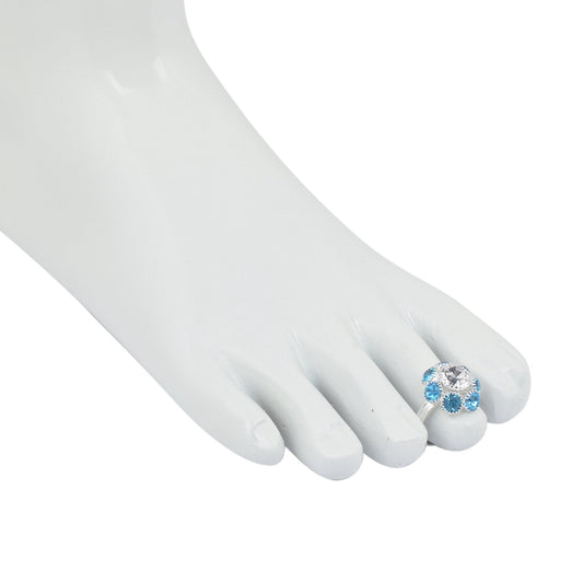 Silver plated Turquoise Blue & White CZ flower bouquet shaped stylish foot ring