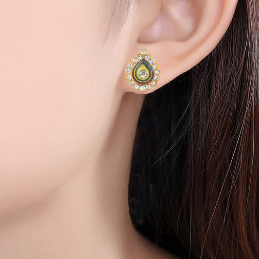 Gold plated CZ and Meenakari Pearshape stud earring