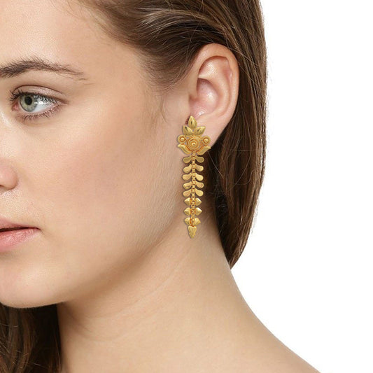 Gold plated flower stem look long Fashion earrings