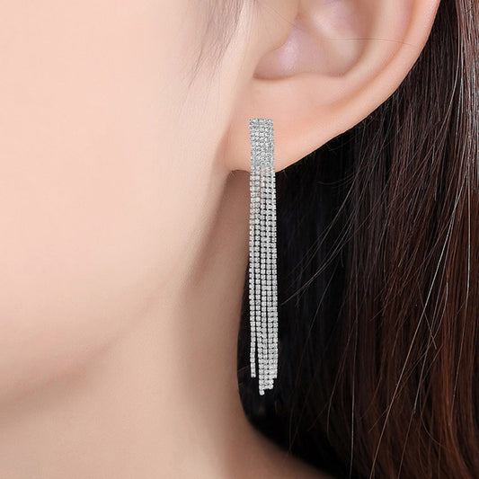 Silverplated Imitation Diamond Tassled Multistrand Dangler earrings