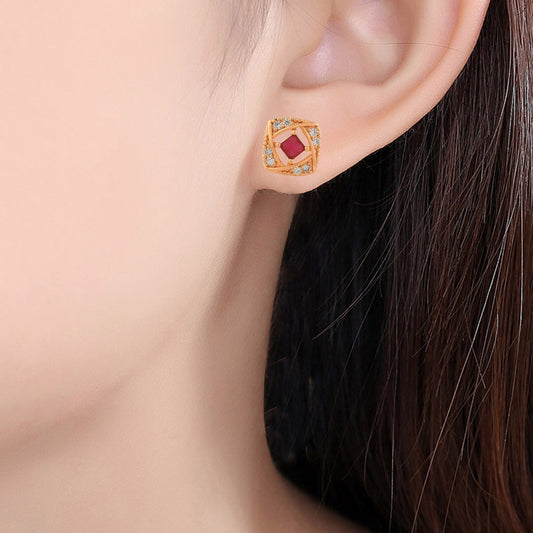 Brass Micron Goldplated Faux Burma Ruby Women Stud Earrings