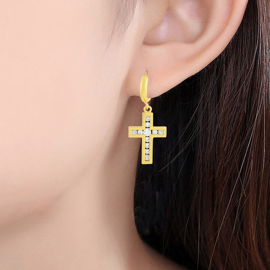 Brass Goldplated Imitation Diamond Christian Holy Cross Earrings