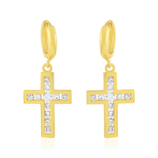 Brass Goldplated Imitation Diamond Christian Holy Cross Earrings