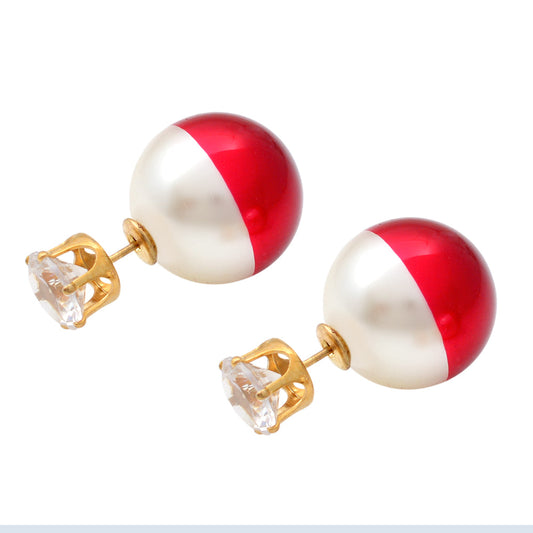 Red and White Dual tone, CZ stud one side, Peek a boo Earring