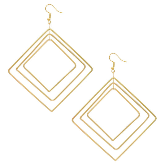 Gold plated Brass,Three Squares design Hoop bali fashion earrings