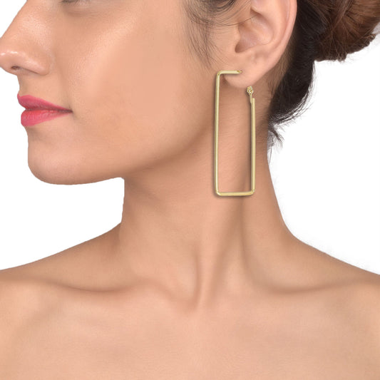 Gold plated Brass,Three Long Rectangle Geometrical design Hoop bali fashion earrings