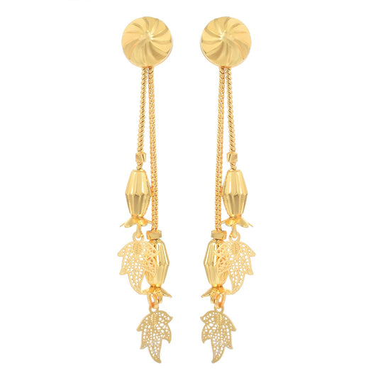 Brass Micron Goldplated Round Stud with Leaf Dangler Fashion Earrings