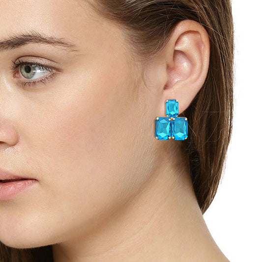 Gold plated Sky Blue colour Three Octagon Fashion earring Women Latest