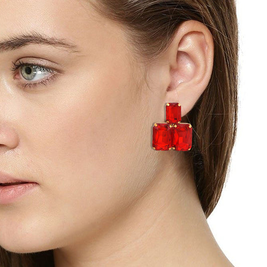 Gold plated Red colour Three Octagon Fashion earring Women