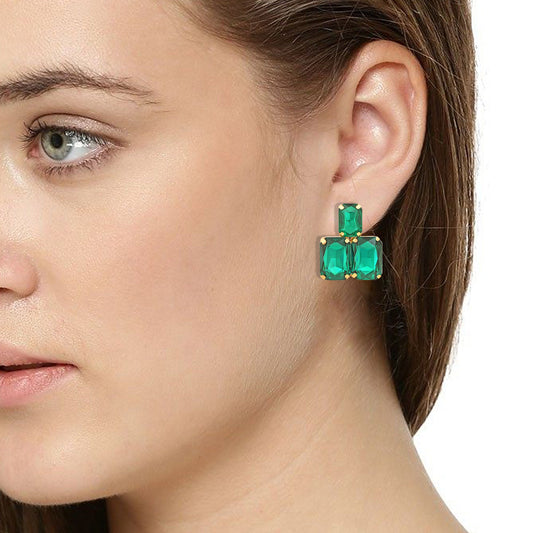 Gold plated Green colour Three Octagon Fashion earring