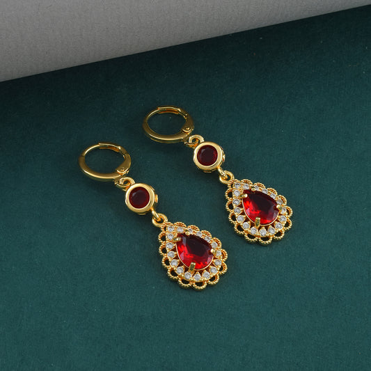 Brass 24KT Gold Plated Imitation Ruby and Imitatio Diamond Moissanite Earrings (ERSV1734)