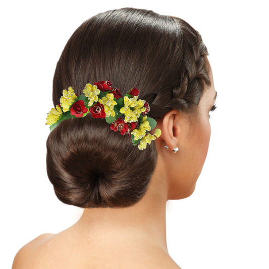 Synthetic Rose and Yellow leaflet Stylish Gajra Veni Hair accessory