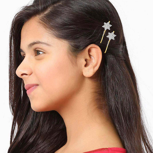 Goldplated Star Shape CZ studded Fashion Hairclips Women Girls (Pack of 2 Pins)