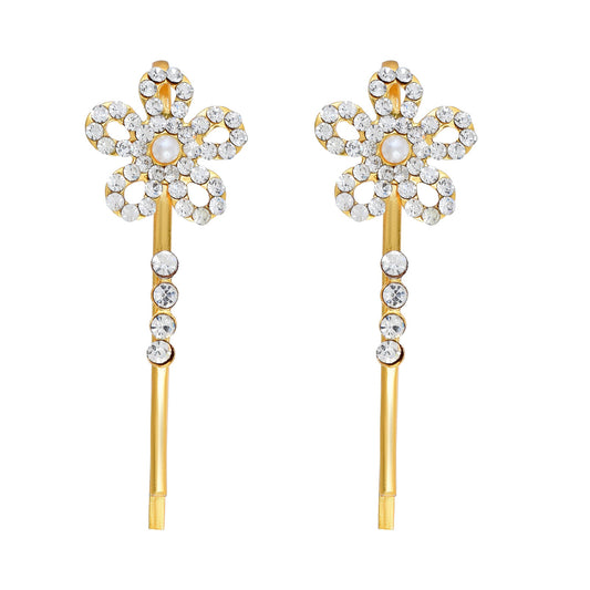 Goldplated Flower Shape CZ studded Fashion Hairclips Women Girls (Pack of 2 Pins)