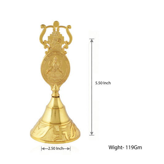 Premium Brass Gold-Plated Sweet Sound Hindu Spiritual Pooja Bell with Trishul Handle Dual-Sided Laxmi & Ganesha Design Handbell (HDKL7824)