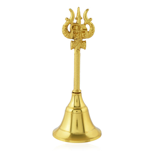 Premium Brass Gold-Plated Sweet Sound Hindu Spiritual Pooja Bell with Trishul Handle Dual-Sided Mahakaal and Shiva Design Handbell (HDKL7826)