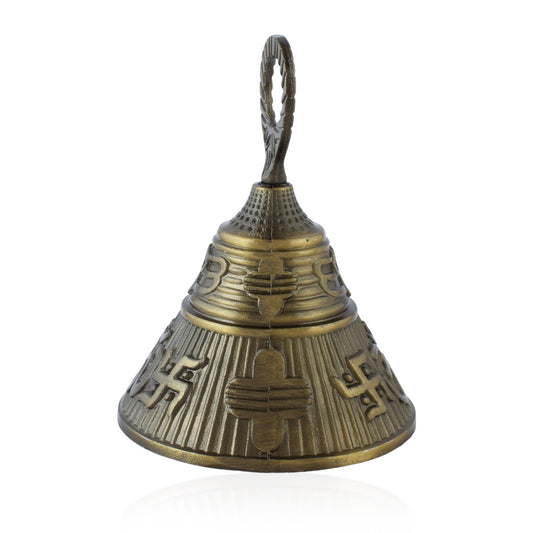 Pure Bronze (कांस्य) Hand held and Hanging Sweet Sounding Puja Bell (Ghanti) with Om, Swastika & Trishul Markings(HDKL7828)