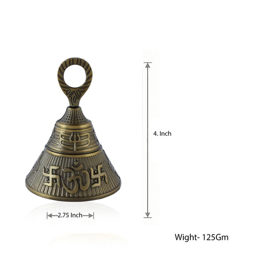 Pure Bronze (कांस्य) Hand held and Hanging Sweet Sounding Puja Bell (Ghanti) with Om, Swastika & Trishul Markings(HDKL7828)