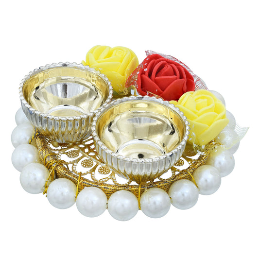 Gold Plated, Red and Green Imitation Rose, Puja thali Home Decor